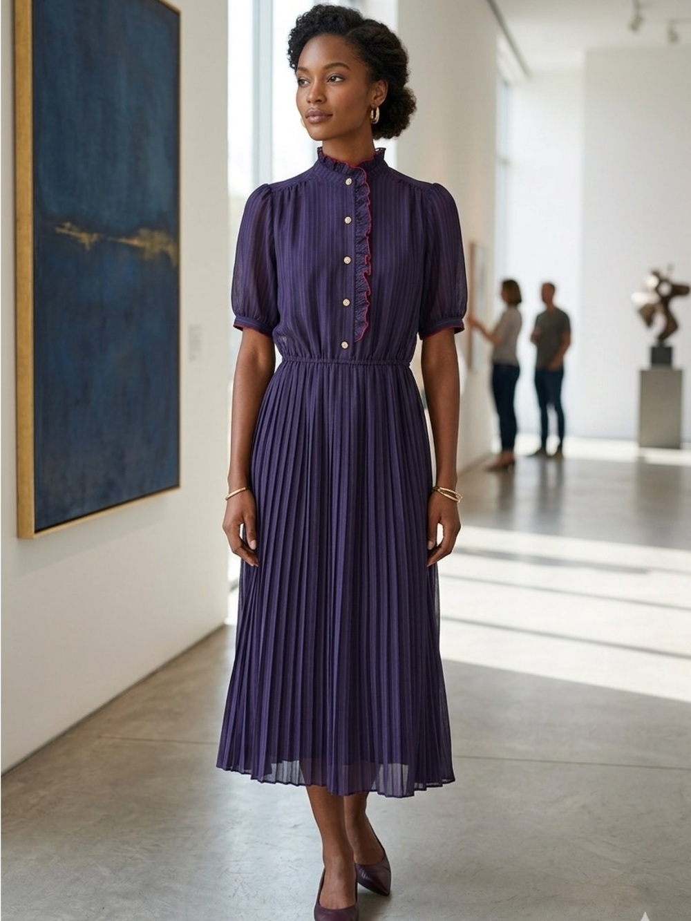 Vintage made in Japan Purple Short-Sleeve Midi Dress with Red Trim size S-M